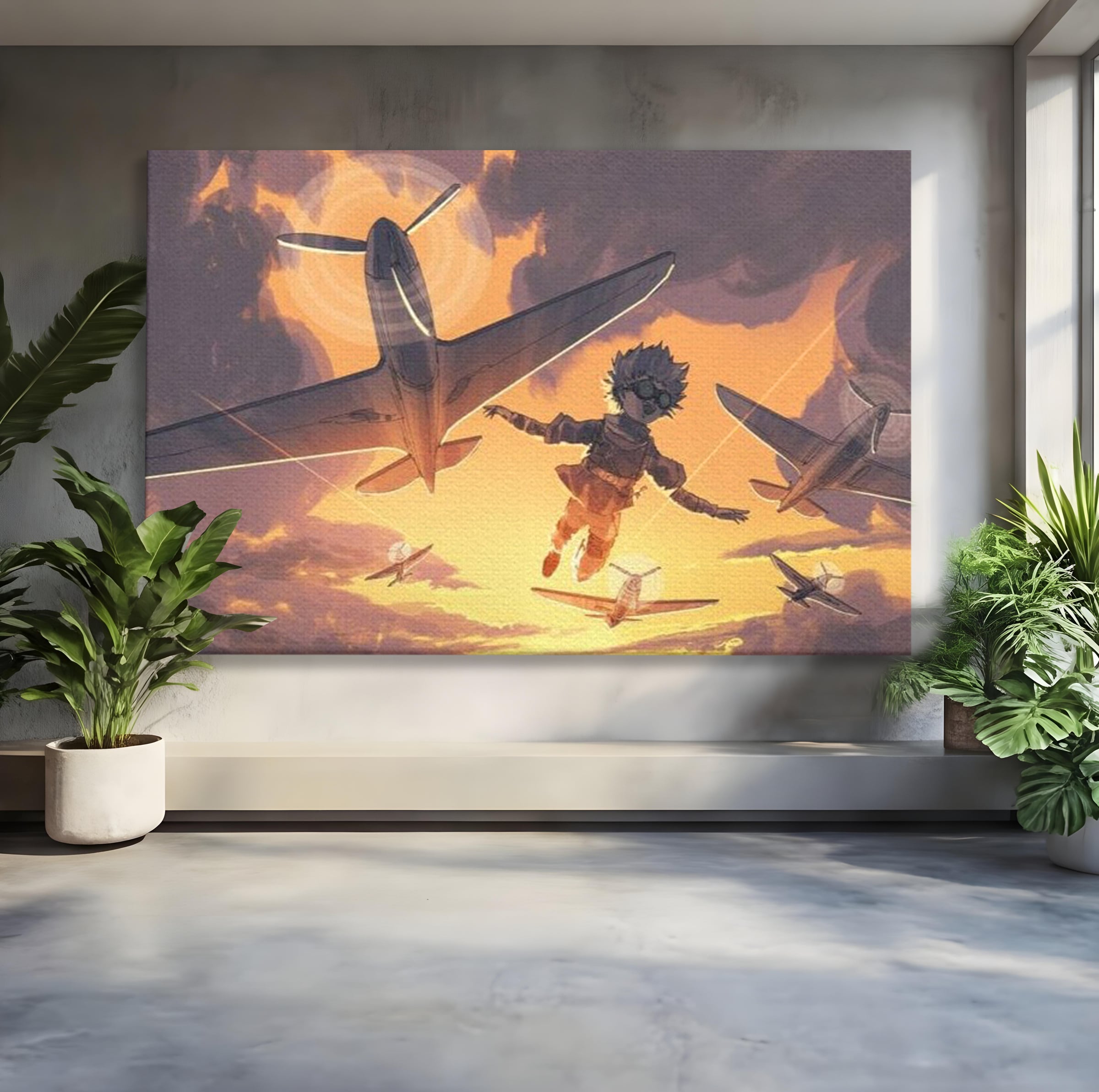 Tablou canvas cu ilustratie digitala cu un baietel zburand alaturi de avioane, fara rama, pe sasiu de lemn